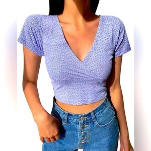NWT No Boundaries Purple Short Sleeve coquette Wrap Crop Top women's teen Large